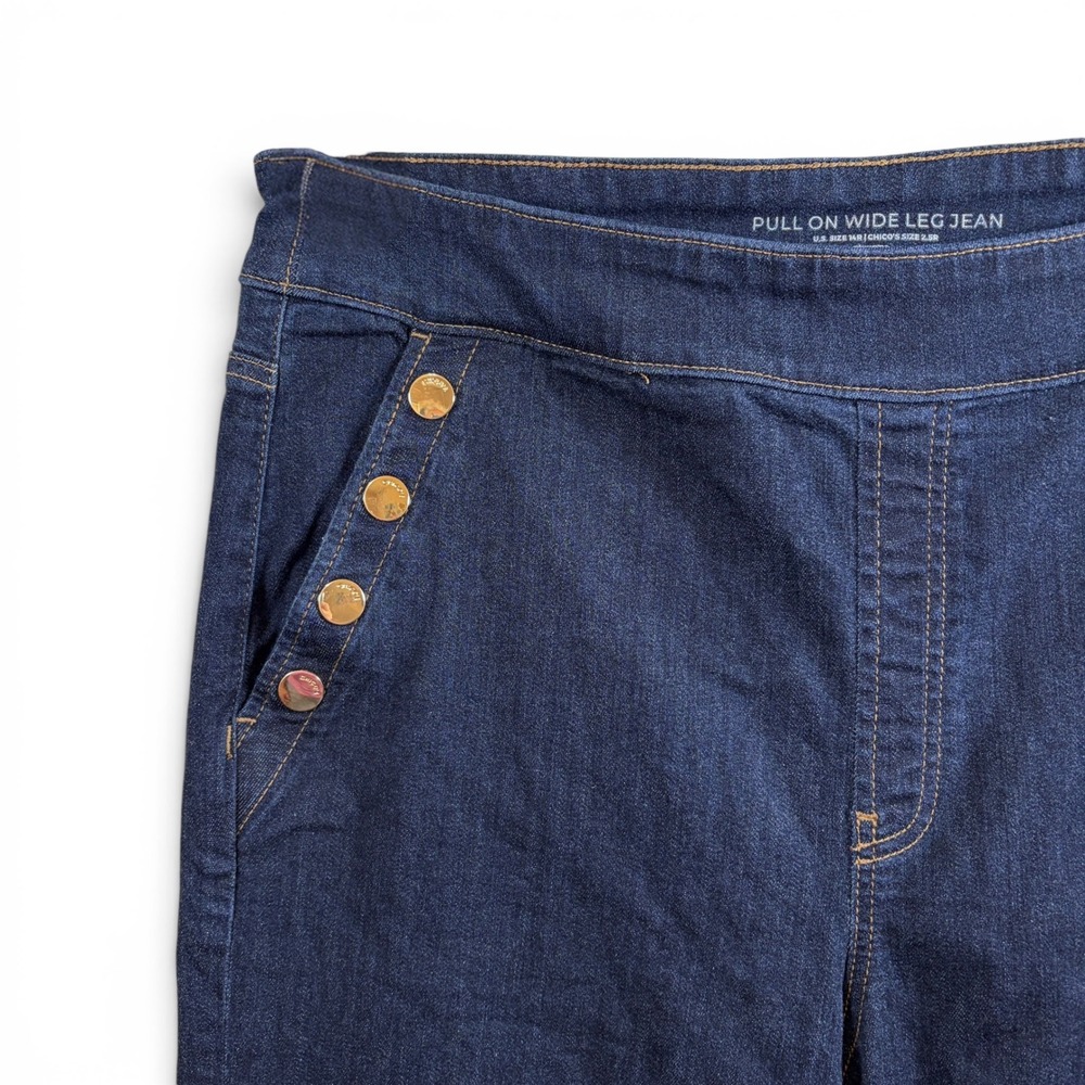 Chico's Dark Indigo Flare Wide Leg Jeans with Button Detail - Picture 9 of 12
